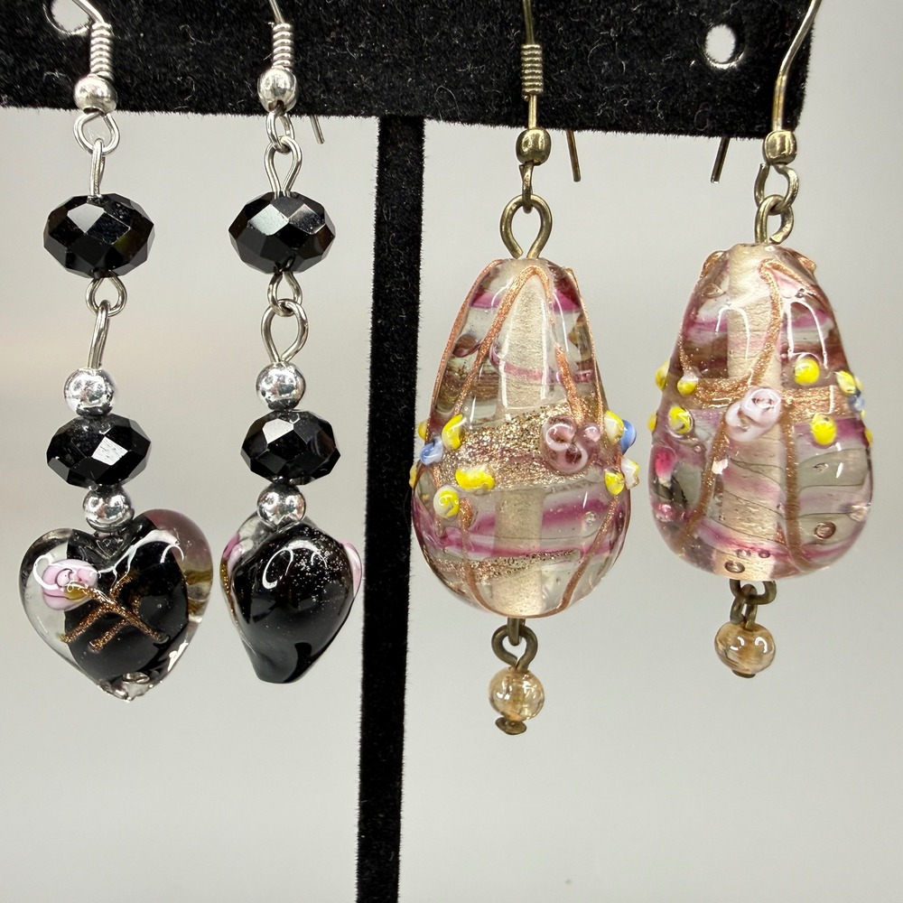 Vintage Lampwork Glass Earring Lot of 2 Wedding Cake Bead Heart Teardrop